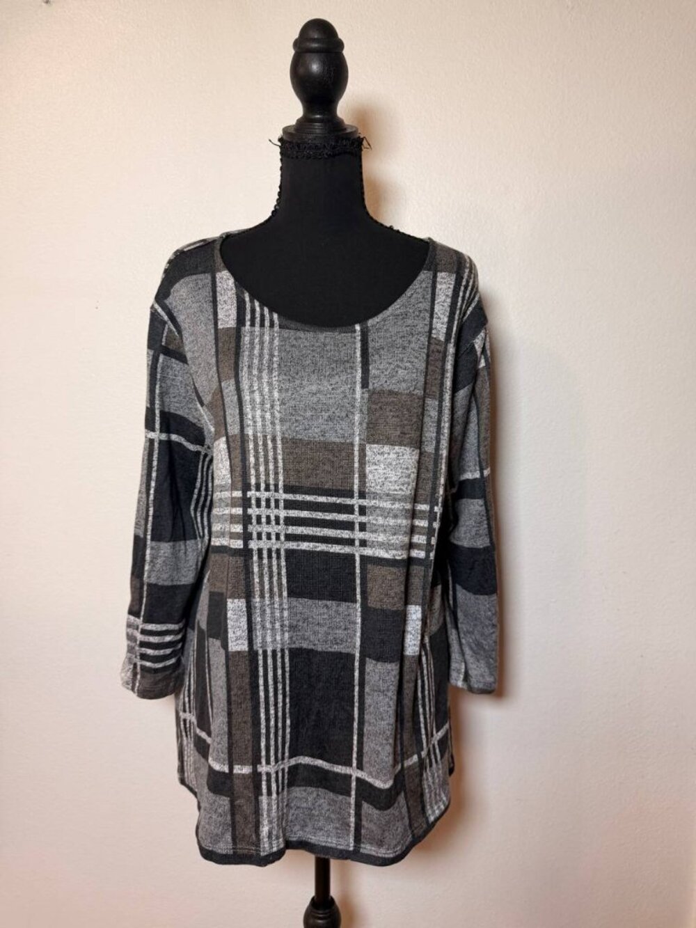 Serengeti Gray Brown Plaid Sweater Knit Tunic Top Scoop Neck Cozy Fall XL